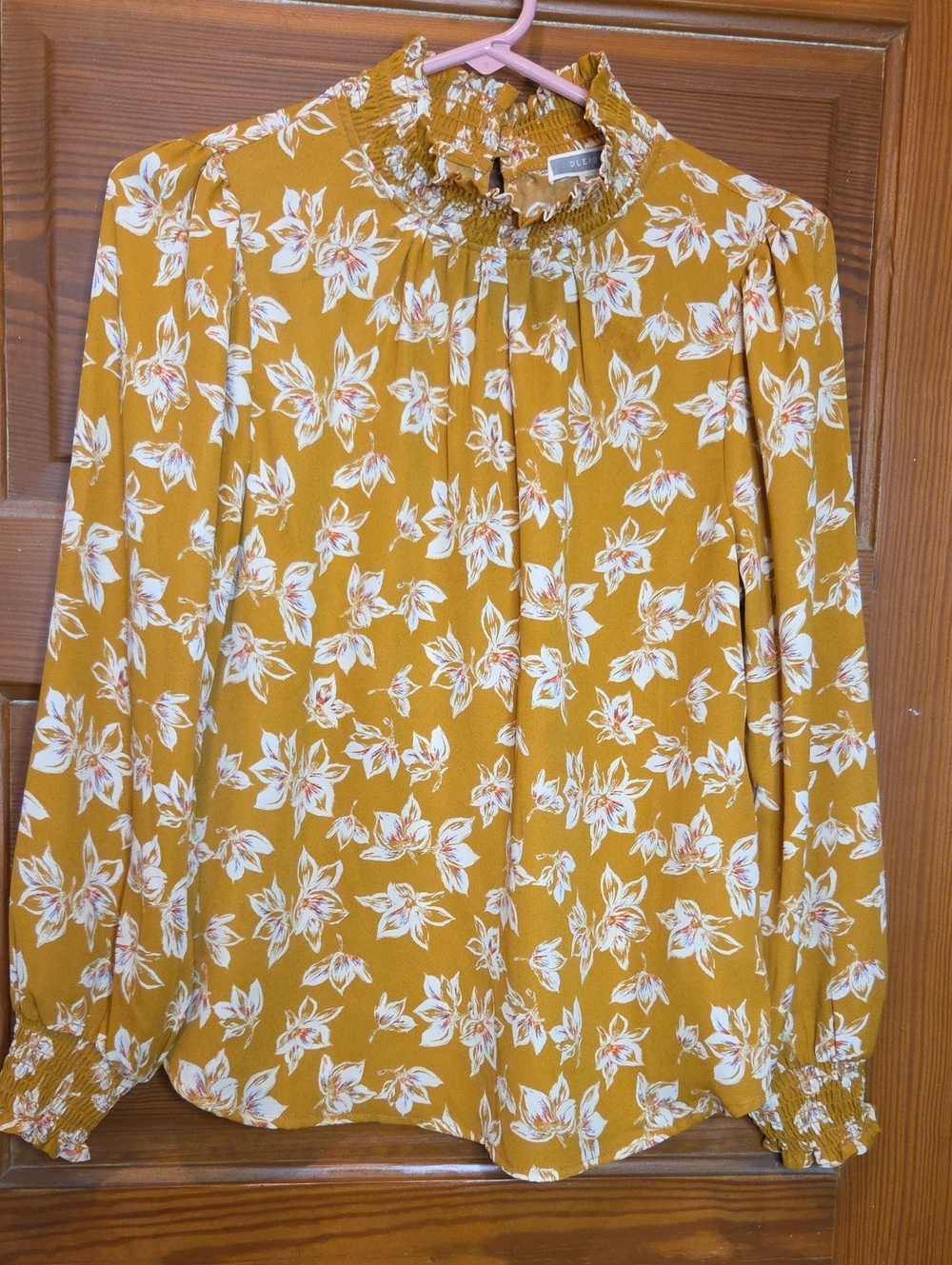 Pleione Feminine Mustard Floral Smocked Ruffle Neck Blouse Perfect For Fall